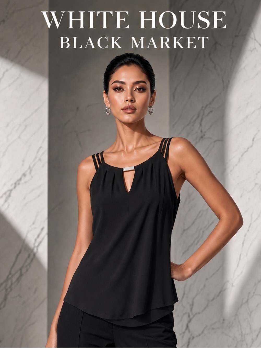 White House Black Market Black 3-Strap Keyhole Layered Top Medium Size M